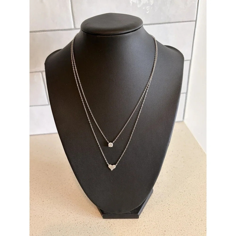 925 Sterling Silver Layered Necklace Crystal Heart & Pendant Dainty